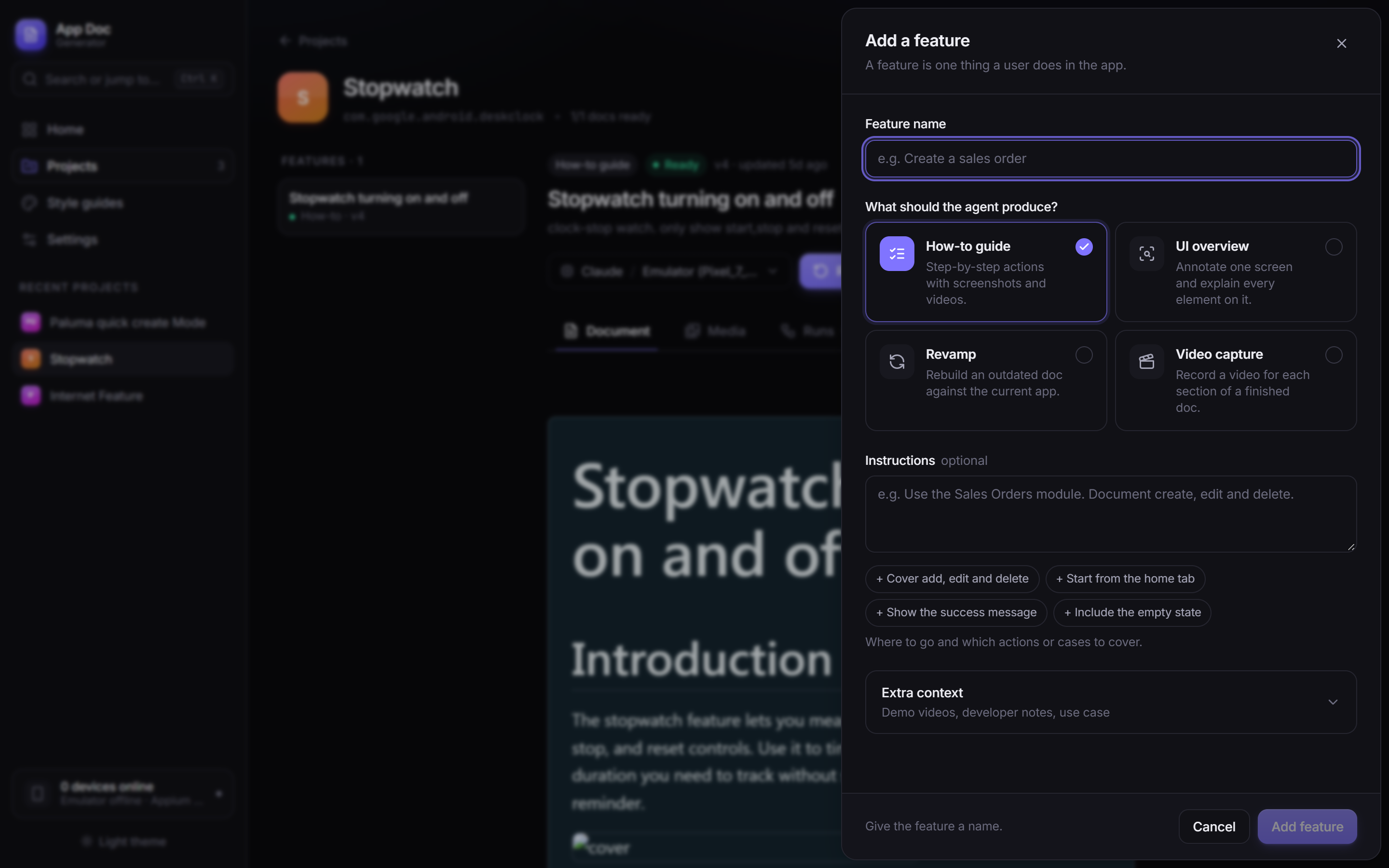 Add a feature form with document types: how-to guide, UI overview, revamp and video capture