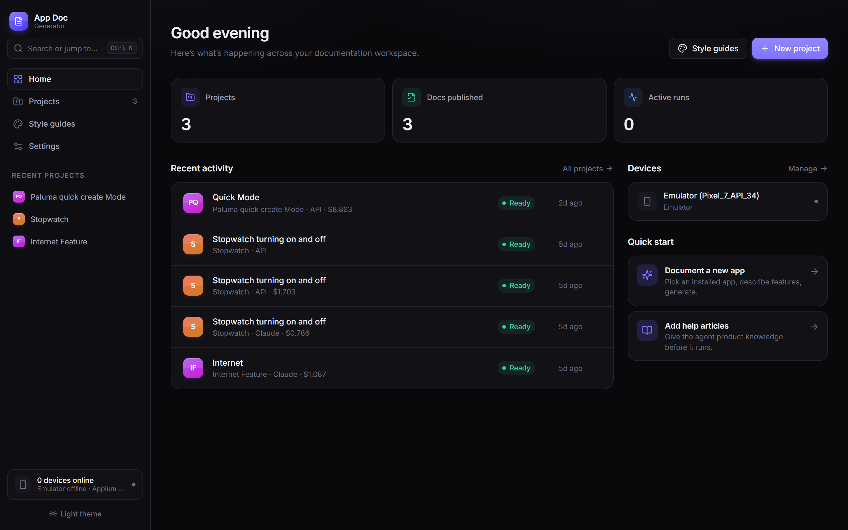 App Doc Generator dashboard showing projects, published docs, recent runs with engine and cost, and connected devices
