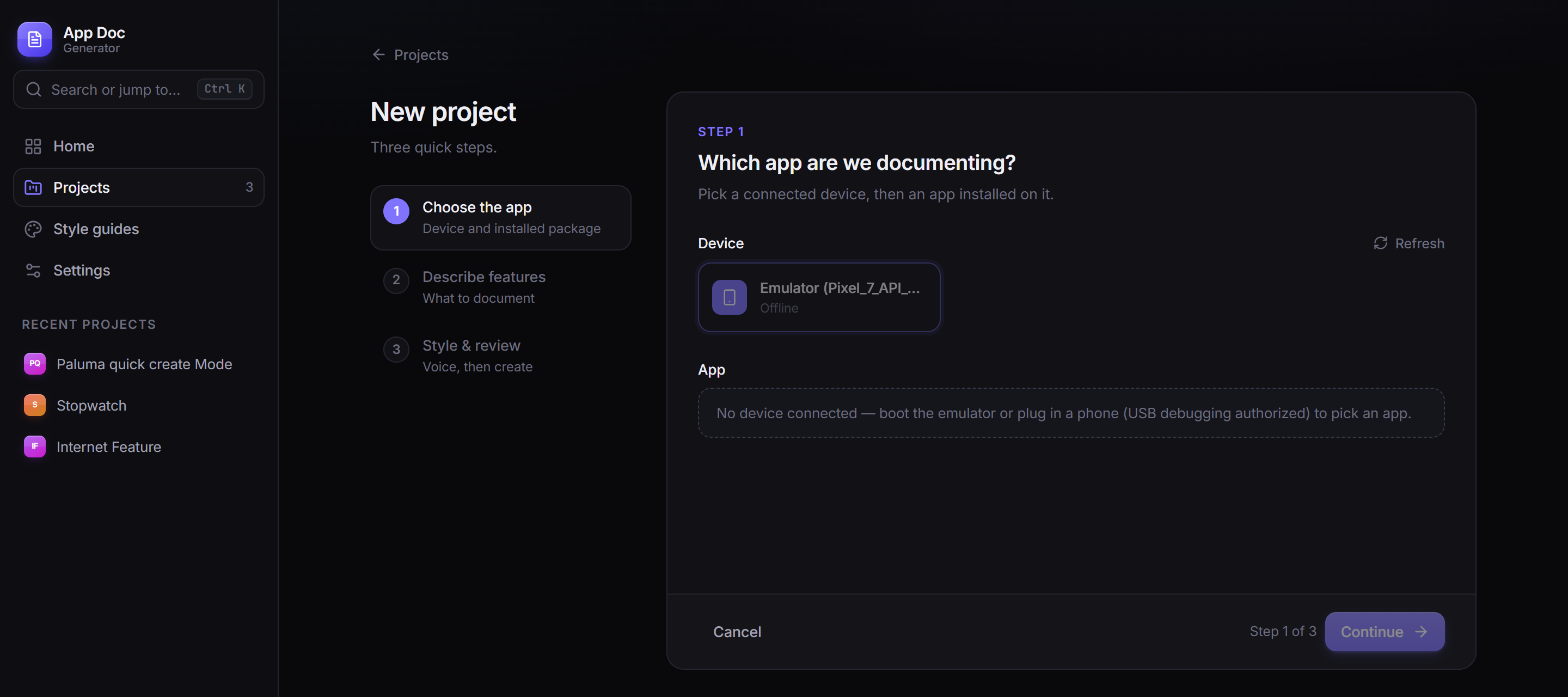New project wizard: choose a device, then an installed app