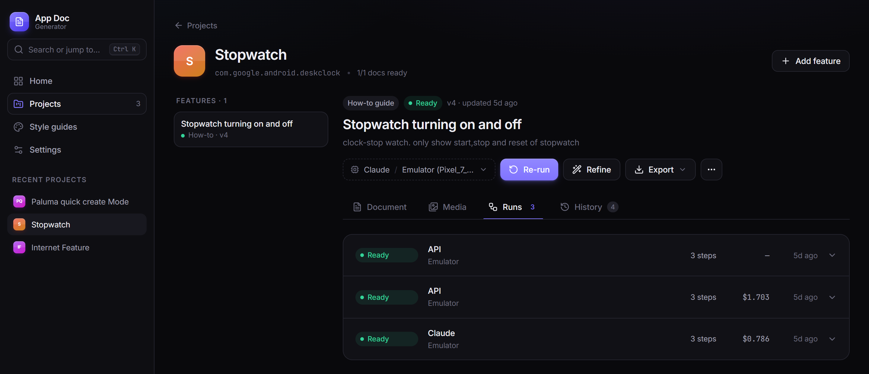 Runs tab for the Stopwatch feature listing two API runs and one Claude run with their costs