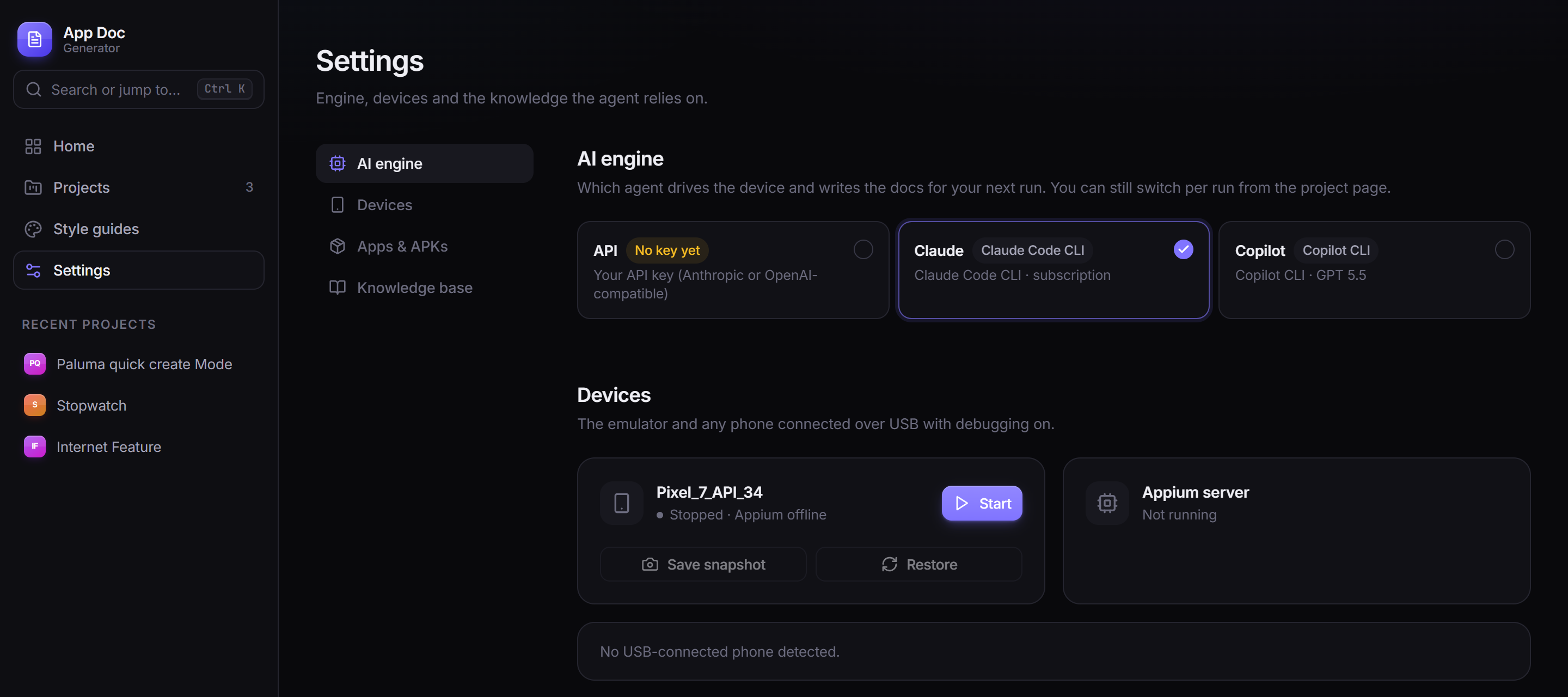 Settings page with three AI engine options: API, Claude Code CLI and Copilot CLI, plus emulator and Appium controls
