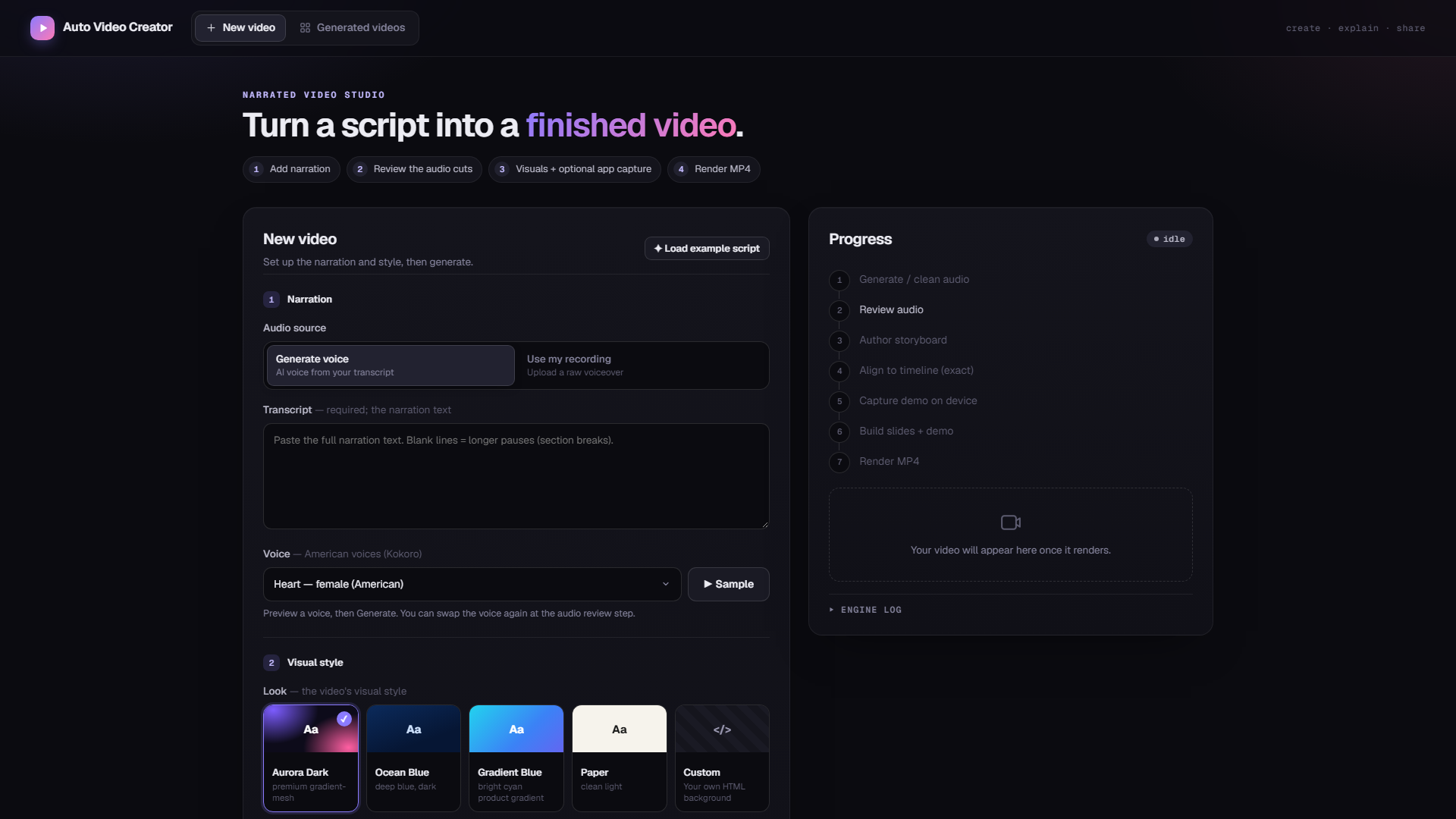 The Auto Video Creator configuration screen: transcript, voice, product capture, look and motion settings